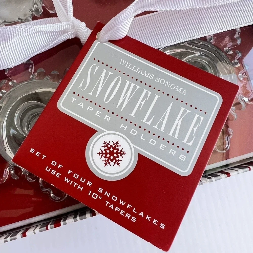 Williams Sonoma Crystal Snowflake Taper Candle Holders Set of 4 NEW